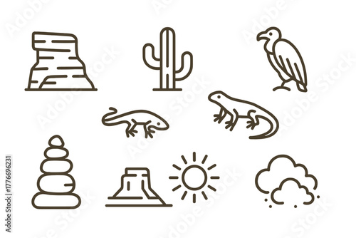 Desert Plateau Icons. Line style icons of Desert Plateau: Sandstone Cliff, Cactus, Lizard, Vulture, Rock Cairn, Distant Mesa, Sun,