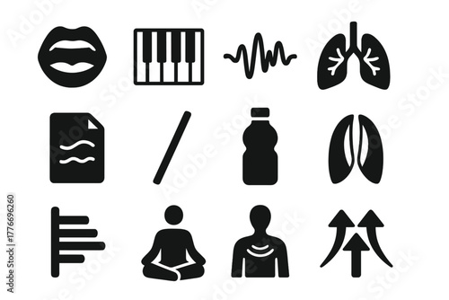 Vocal Warmup Symbols. Solid style icons of vocal warmups: singer mouth, scale piano, humming sound wave, breathing exercise lungs,