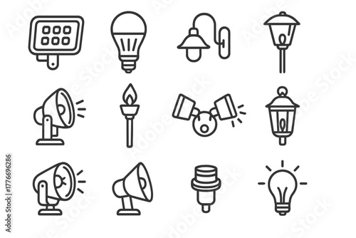 Outdoor Lighting Icons. Line style icons of outdoor lighting: floodlight, LED lamp, wall sconce, garden lamp; spotlight, torch