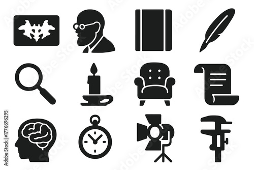 Vintage Psychology Tools. Solid style icons of Vintage psychology tools: inkblot card, Freud silhouette, journal notebook, quill