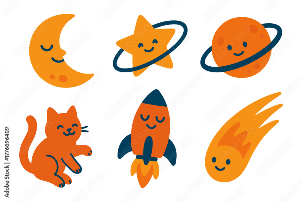 Naklejka premium Playful space icons: moon, star, planet, cat, rocket, meteor with cute faces