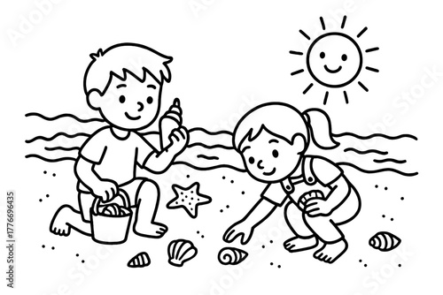 Kids Collecting Seashells. Curious kids collecting seashells along the shore with starfish, waves, and smiling sun, black and