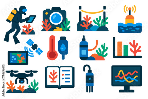 Coral Monitoring Icons. Flat vector icons of coral reef monitoring: scuba diver with tablet, underwater camera, reef survey