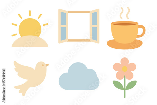 Morning emblems: cheerful icons of sun, coffee, and nature in flat style