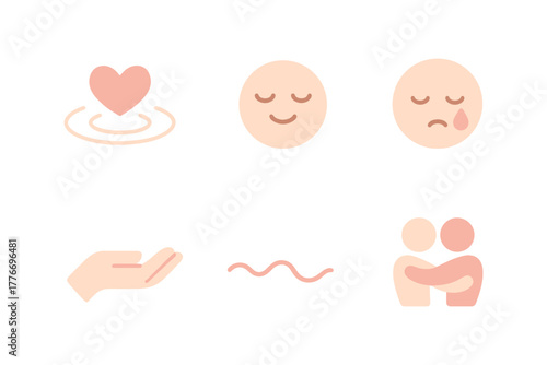 Minimalist emotion icons set: heart, faces, offering hand, wave, hugging figures