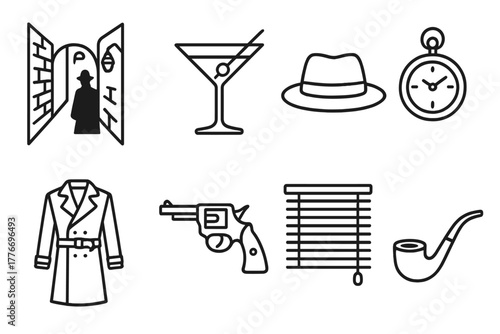 Film Noir Icons. Line style icons of Film Noir: Shadowed Alley, Martini Glass, Fedora Hat, Pocket Watch, Trench Coat, Revolver,