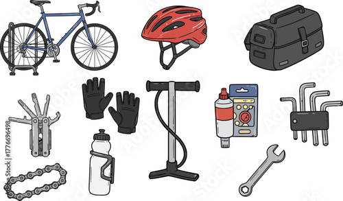 Essential Bicycle Repair Tools and Cycling Gear Set Illustration