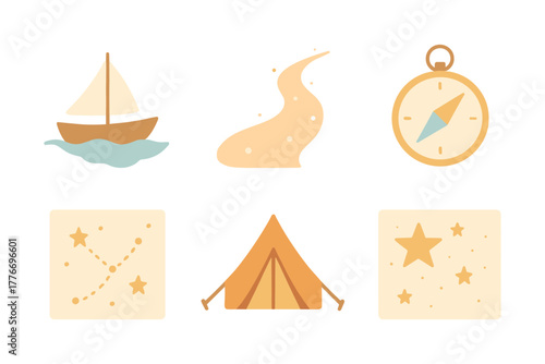 Camping adventure icons: nautical, navigation, and stargazing elements in flat style