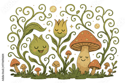 Enchanted Forest Whimsy. Magical doodle mystical forest with smiling psychoactive plants, cartoon vines twirling joyfully, tiny