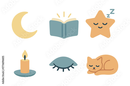 Relaxing bedtime icons: moon, book, star, candle, eye, sleeping cat in flat design