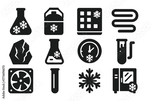 Cold Science Icons. Solid style icons of Cold Science: Frozen Flask, Liquid Nitrogen Tank, Cryo Box, Cooling Pipe, Shattered Ice,