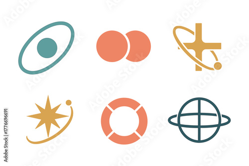 Abstract geometric icons with circular and orbital motifs in minimalist style