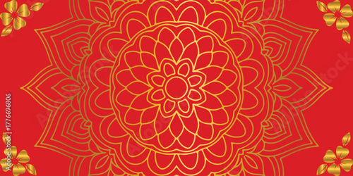 Golden Mandala in Crimson Embrace: Background design template A captivating golden mandala, meticulously crafted with intricate detail, radiates against a vibrant crimson backdrop.