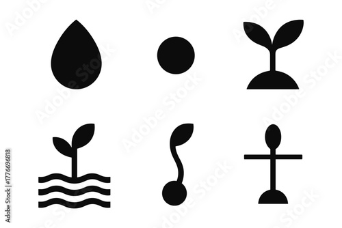 Silhouette icons of plant growth stages and nature elements