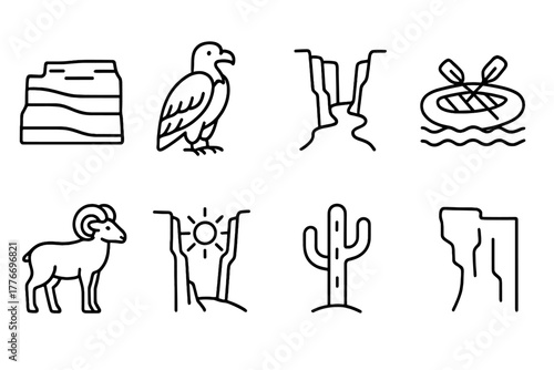 Canyon Line Art Icons. Line style icons of Canyon: Layer of Rock, Condor, River, Raft, Bighorn Sheep, Sunbeam, Cactus, Cliff Edge,