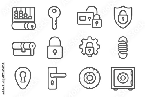 Line Style Lock Icons. Line style icons of Keyed Locks: Tumbler, Key, Lock System, Security; Cylinder, Padlock, Gear, Spring;