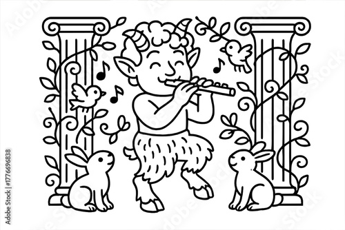 Satyr's Melodic Forest. Funny satyr playing a flute with rabbits, birds, and vines wrapping around columns, black and white line