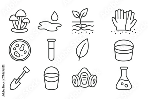 Sustainable Bioremediation Icons. Line style icons of Sustainable Bioremediation: Fungi, Oil Contamination, Toxin Absorption, Soil