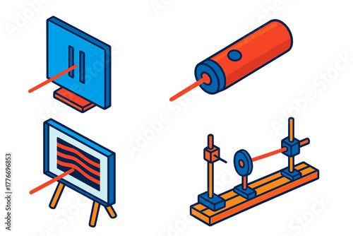 Colorful Physics Experiment. Isometric vector illustration set Light Experiments: double slit experiment board, laser pointer,