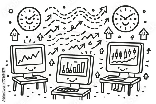 Cheerful Trading Doodles. Cute doodle financial trading floor with smiling computers, cheerful clocks on the wall, cartoon data