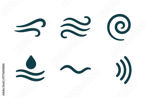 Minimalist wind and water icons set featuring waves and swirls in flat design