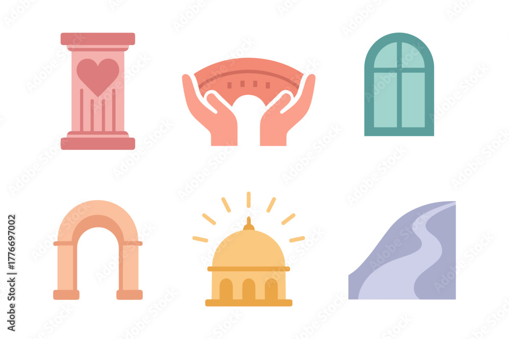Naklejka premium Flat symbolic architecture icons: love pillar, community hands, and dome
