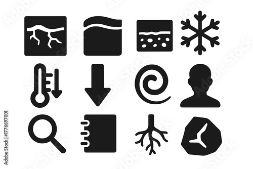Permafrost Process Icons. Solid style icons of permafrost and cold region processes: frozen ground, ice layer, soil, snowflake,