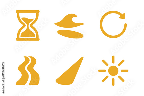 Minimalist abstract icons with yellow color scheme featuring time, waves, and sun symbols