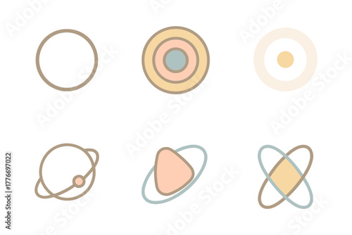 Minimalist geometric cosmic shapes with pastel tones and orbits