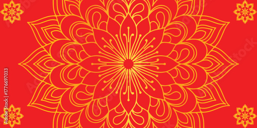 Background design template saadi card A symmetrical mandala with intricate golden details blooms against a vibrant red backdrop. An invitation to meditation and spiritual journey.