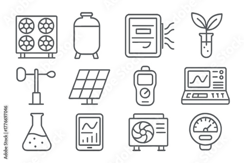 Climate Engineering Icons. Line style icons of Climate Engineering: Direct Air Capture Unit, Storage Tank, Filter Module, Green