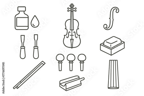 Luthier Workbench Icons. Line style icons of Luthier: Varnish, Violin, Soundhole, Wood Carving Tools, Tuning Pegs, Rosin, Bow,