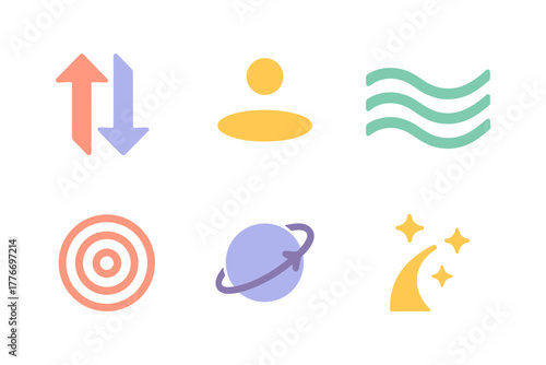 Trendy minimalist symbols in soft colors: arrows, user, waves, target, planet, stars