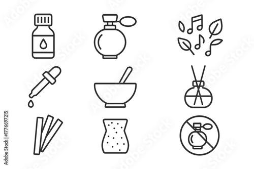 Perfumery Line Icons. Line style icons of Perfumery: Essential Oil, Scent Bottle, Notes of Fragrance, Pipette, Mixing Bowl,