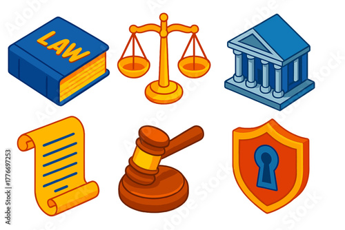 Intellectual Property Icons. Isometric vector illustration set Intellectual Property Law: legal book, balanced scales, courthouse