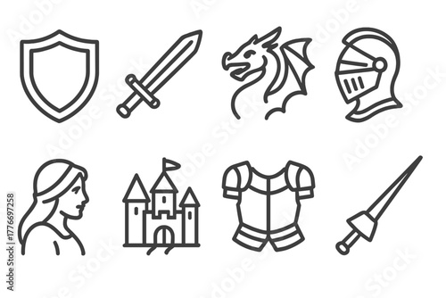 Knight's Quest Icons. Line style icons of Knight's Quest: Shield, Sword, Dragon, Helmet, Fair Maiden, Distant Castle, Armor Chest,