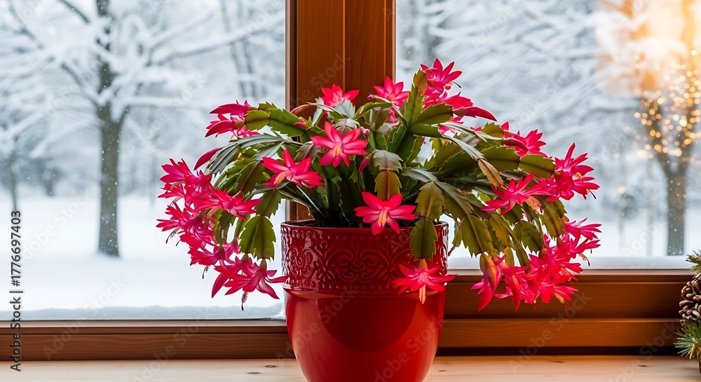 Fototapeta premium Christmas cactus blooming indoor by window in winter snow scene holiday plant care and decoration
