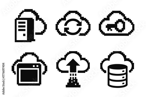 Retro pixel cloud computing icons featuring network and data storage symbols