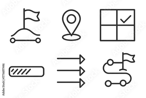 Goal Setting Icons. Line style icons of Goal Setting and Monitoring: goal flag on timeline, milestone marker, objective planning
