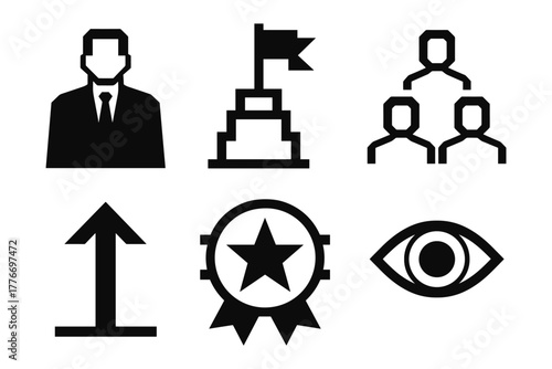 Business icons set: leadership, achievement, and teamwork symbols in bold silhouette style