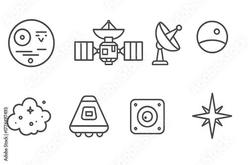 Space Probe Icons. Line style icons of Space Probe: Golden Record, Scientific Module, Antenna Dish, Planet Horizon, Cosmic Dust