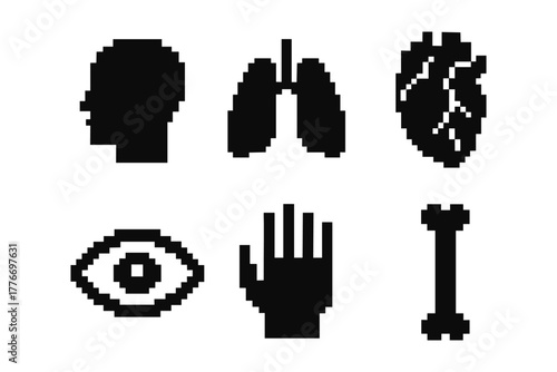 Pixel art human anatomy: silhouette icons of organs and body parts