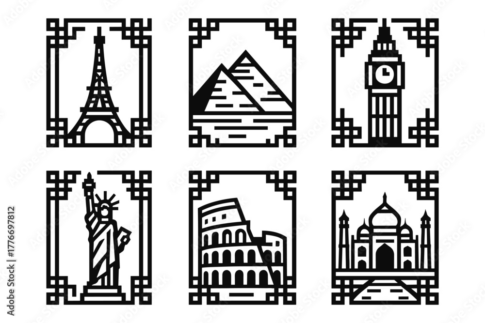 Naklejka premium Iconic world landmarks in geometric line art with ornate borders