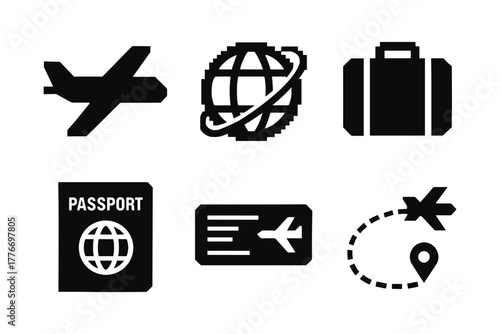Travel icons set: airplane, globe, suitcase, passport, ticket, flight path