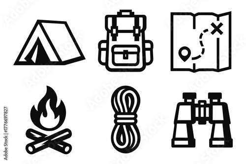 Camping essentials icons: tent, backpack, map, campfire, rope, binoculars in black and white outline style