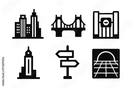 Urban icons collection featuring buildings, bridges, and signposts in bold silhouette style