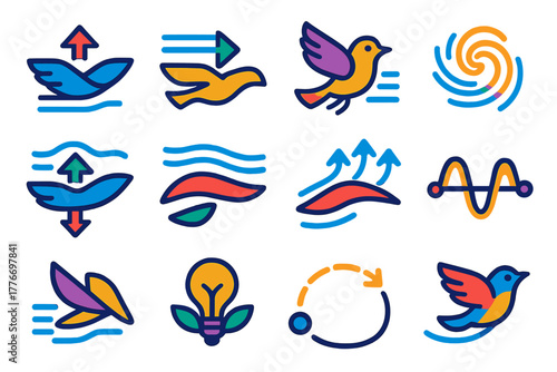 Aerodynamic Flight Icons. Flat vector icons of aerodynamic principles in flapping flight: lift, drag, thrust, air streamlines,