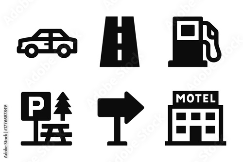 Essential road trip icons: car, highway, fuel, parking, arrow, motel in bold black silhouette