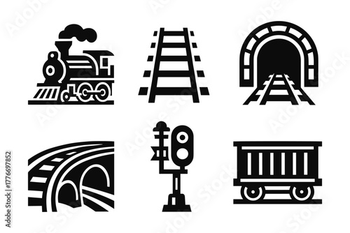 Stylized black and white train icons: locomotive, track, tunnel, bridge, signal, wagon