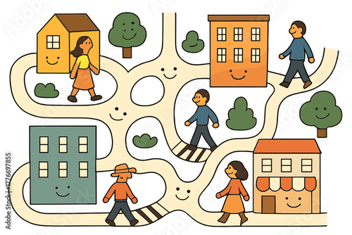 Whimsical Cityscape. Playful city map with smiling streets, friendly crosswalks, and people strolling beside happy buildings No